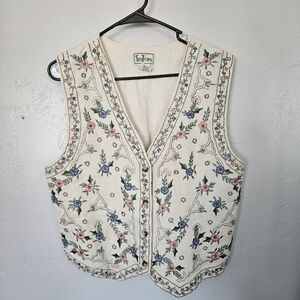 Tantrums Vintage Women's Small Beige Floral Embroidered Vest Cotton Flax Pink